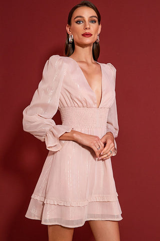 Image of Smocked Waist Deep V Frill Trim Dress