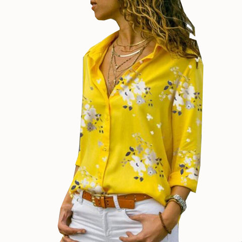 Image of Elegant Long Sleeve Print V-Neck Chiffon Blouse
