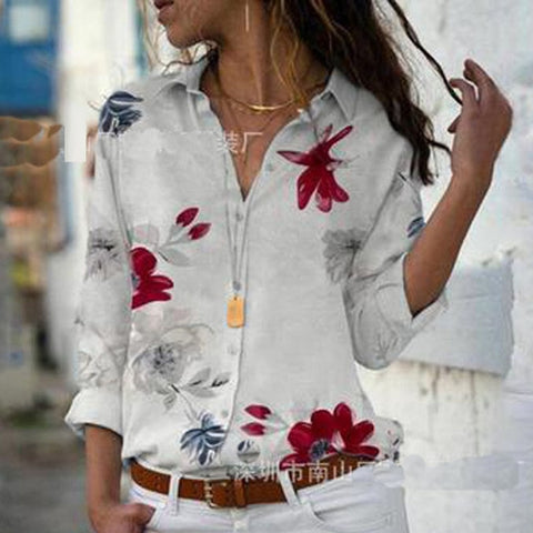 Image of Elegant Long Sleeve Print V-Neck Chiffon Blouse