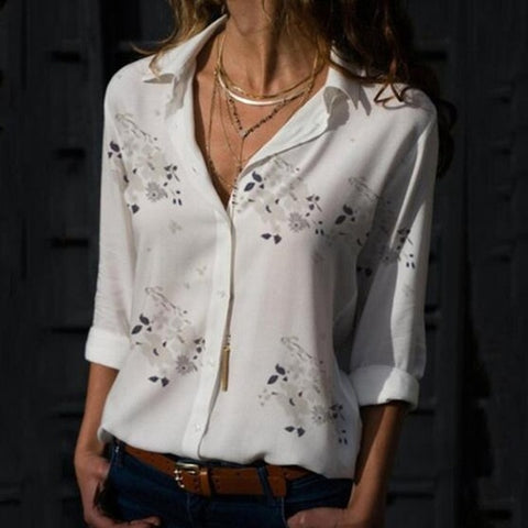 Image of Elegant Long Sleeve Print V-Neck Chiffon Blouse