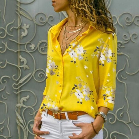 Image of Elegant Long Sleeve Print V-Neck Chiffon Blouse