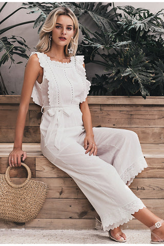 Image of Cotton linen ruffled embroidery women jumpsuit