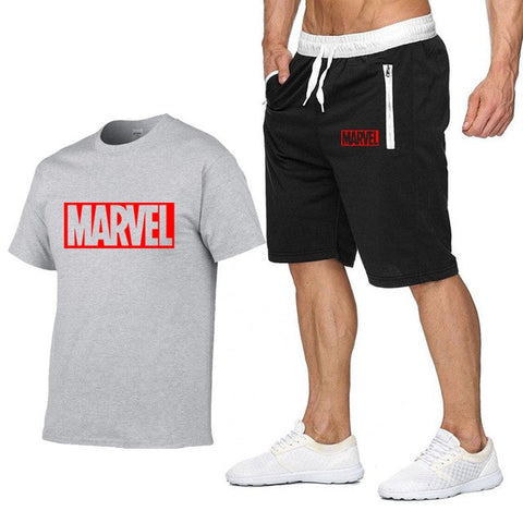 Image of Cotton T Shirts+Shorts Men Sets-MARVEL letter printing