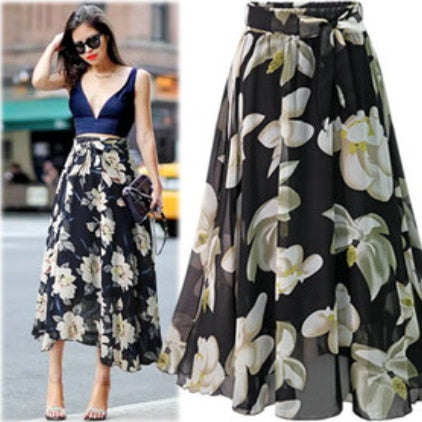 Floral black blue chiffon skirt