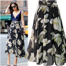 Floral black blue chiffon skirt