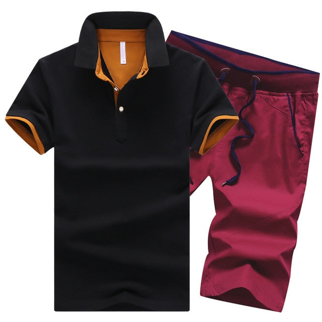 Polo Shirts Sets- 2 Piece Set Elastic Waist Shorts