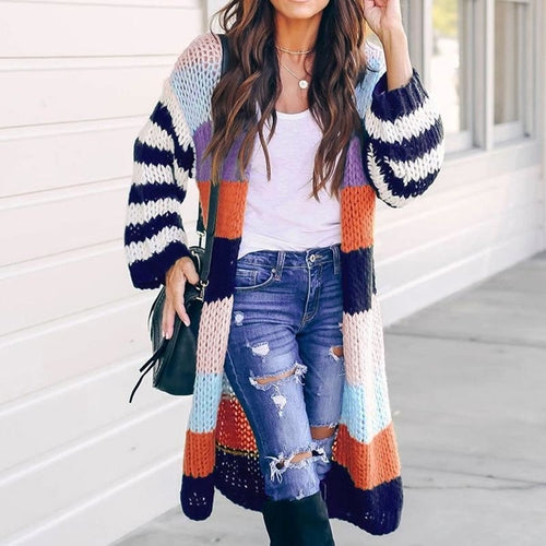 Hit Color Patchwork Women Sweater Coat