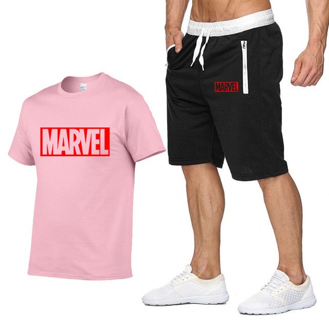 Cotton T Shirts+Shorts Men Sets-MARVEL letter printing