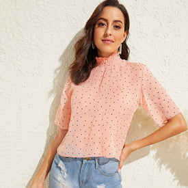 Shirred Neckline Polka-dot Print Top