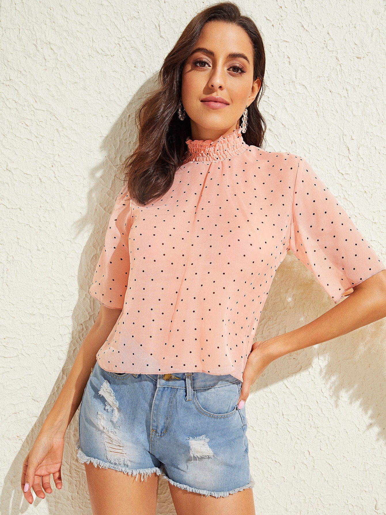 Shirred Neckline Polka-dot Print Top