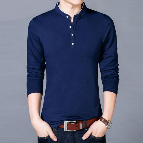 Image of New Cotton T Shirt Men Solid Color Chinese Style Mandarin Collar