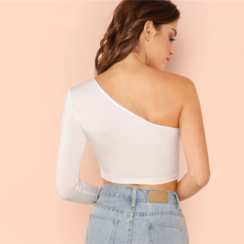 One Shoulder Solid Crop Tee