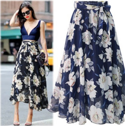 Floral black blue chiffon skirt