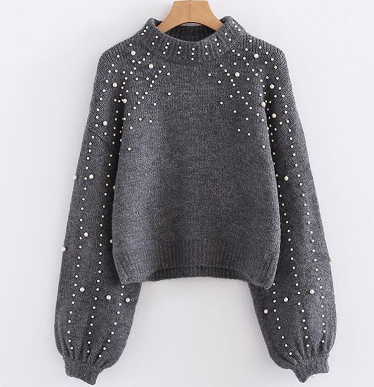 Pearl Turtleneck Lantern Sleeve Pullover Sweater
