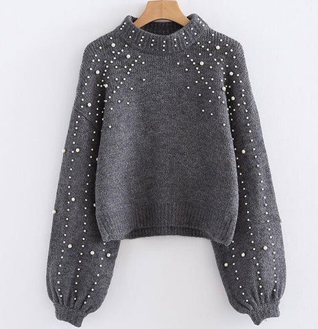 Image of Pearl Turtleneck Lantern Sleeve Pullover Sweater
