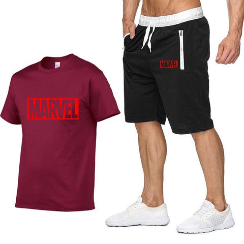 Image of Cotton T Shirts+Shorts Men Sets-MARVEL letter printing