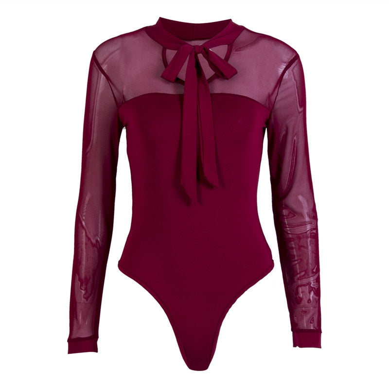 Bodysuit Women Sexy Bow Mock