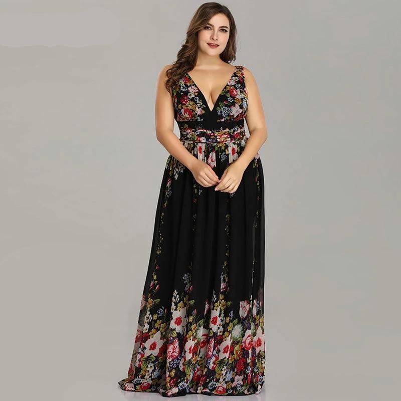 Sexy Double V-neck Sleeveless Long Flower Print Chiffon Dress
