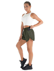 Blooming Jelly Womens Quick-Dry Running Shorts Sport Layer Elastic Waist Active Workout Shorts with Pockets 1.75" (x-Small, Army Green)