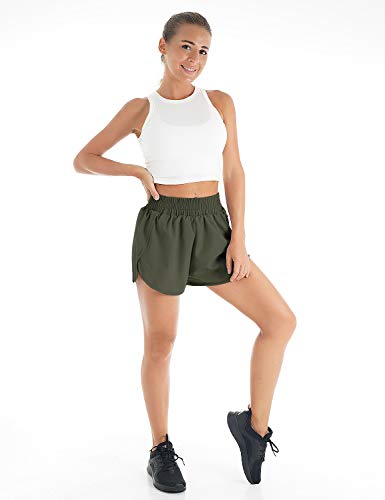Blooming Jelly Womens Quick-Dry Running Shorts Sport Layer Elastic Waist Active Workout Shorts with Pockets 1.75" (x-Small, Army Green)