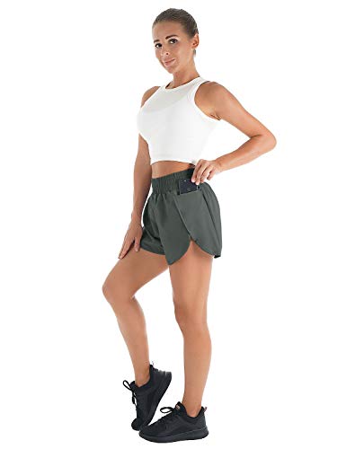 Blooming Jelly Womens Quick-Dry Running Shorts Sport Layer Elastic Waist Active Workout Shorts with Pockets 1.75" (x-Small, Army Green)
