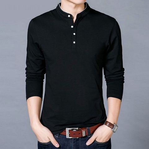 Image of New Cotton T Shirt Men Solid Color Chinese Style Mandarin Collar