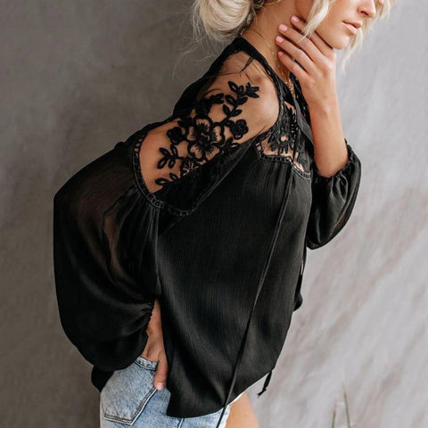 Image of Women's Casual Lace Mesh Long Sleeve Blouse