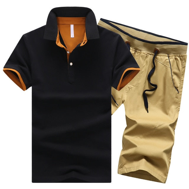 Polo Shirts Sets- 2 Piece Set Elastic Waist Shorts