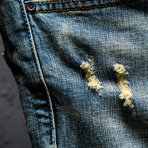 Image of Blue Men Streetwear Ripped Bermuda Jeans