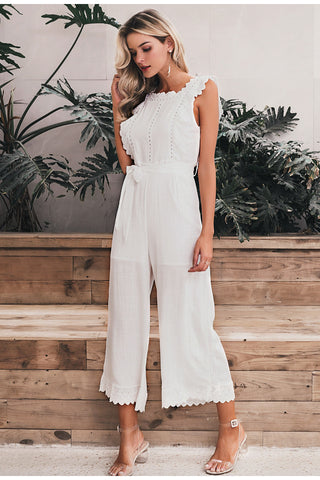 Image of Cotton linen ruffled embroidery women jumpsuit