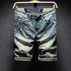 Blue Men Streetwear Ripped Bermuda Jeans