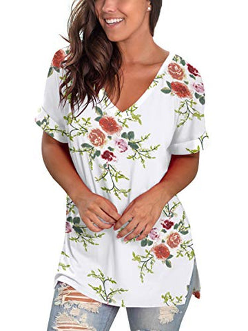 Image of Womens Tshirts Short Sleeves Cute Juniors Tops Beach Printed Tunics Side Split S