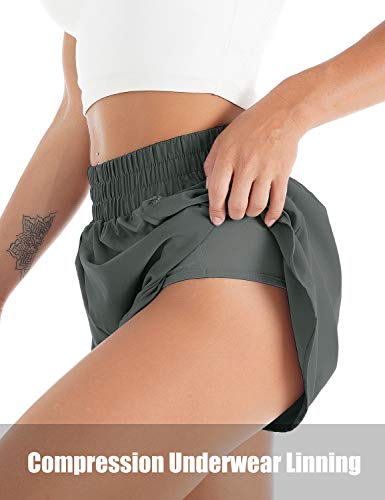 Blooming Jelly Womens Quick-Dry Running Shorts Sport Layer Elastic Waist Active Workout Shorts with Pockets 1.75" (x-Small, Army Green)
