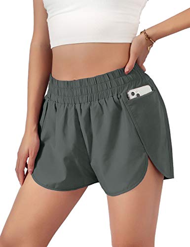 Blooming Jelly Womens Quick-Dry Running Shorts Sport Layer Elastic Waist Active Workout Shorts with Pockets 1.75" (x-Small, Army Green)