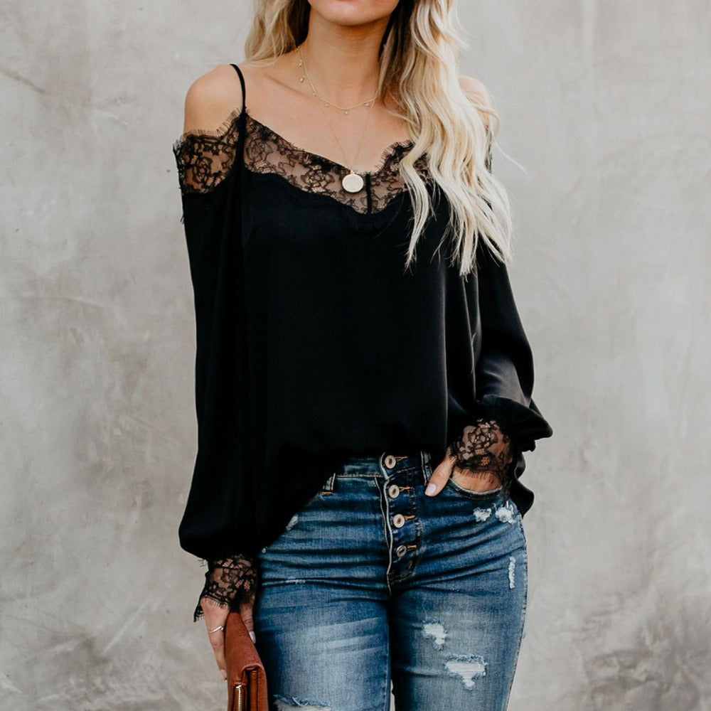 Women's V-neck Strapless Straps Lace Shirt