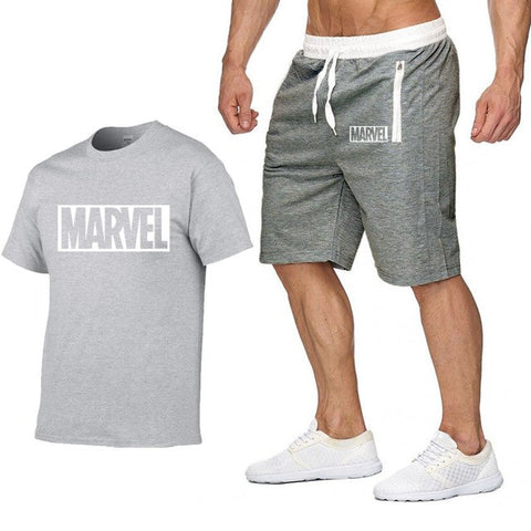 Image of Cotton T Shirts+Shorts Men Sets-MARVEL letter printing