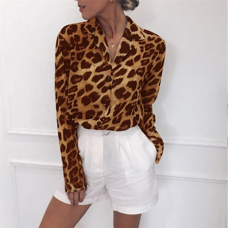 Women Casual Leopard Printed Chiffon Blouse