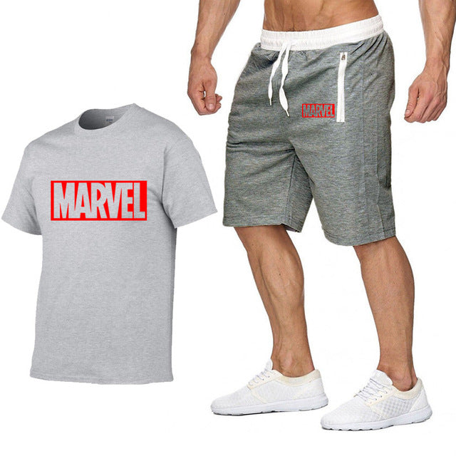 Cotton T Shirts+Shorts Men Sets-MARVEL letter printing