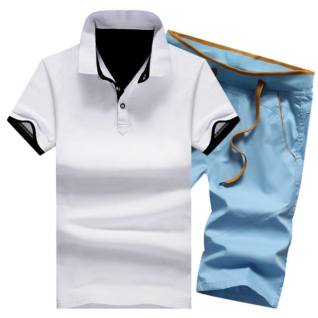 Polo Shirts Sets- 2 Piece Set Elastic Waist Shorts