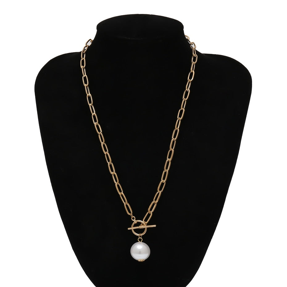 IngeSight.Z Punk Imitation Baroque Pearl Pendant Necklace Curb Cuban Thick Chain Toggle Clasp Long Necklaces for Women Jewelry
