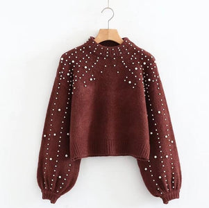 Pearl Turtleneck Lantern Sleeve Pullover Sweater