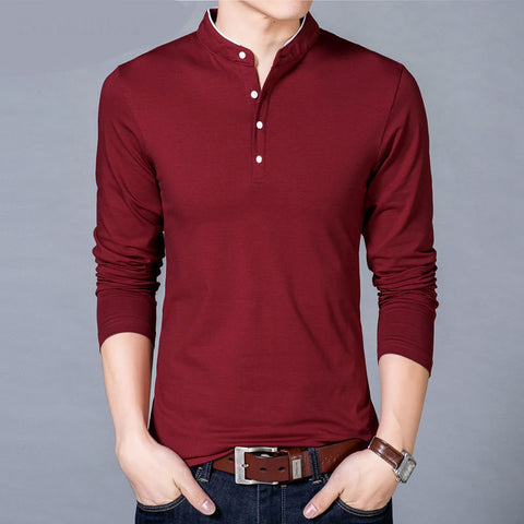 Image of New Cotton T Shirt Men Solid Color Chinese Style Mandarin Collar