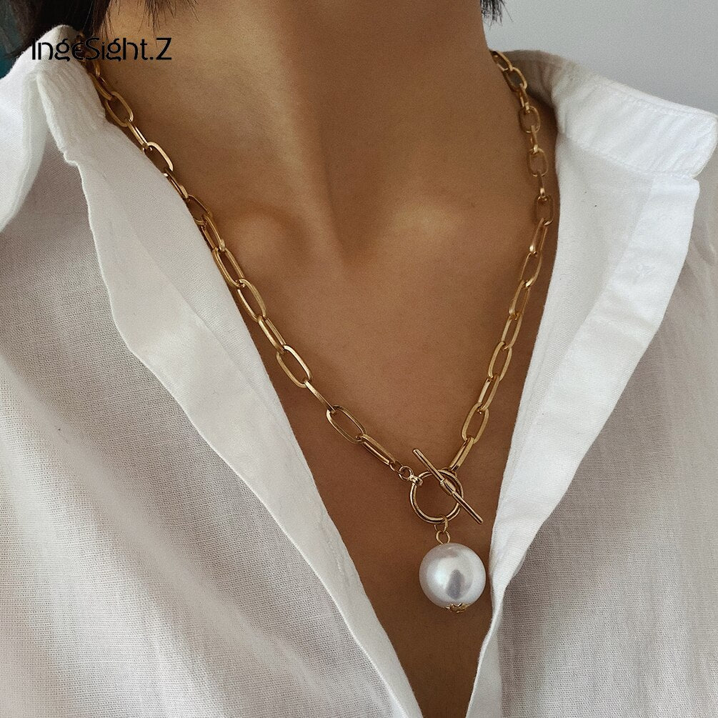 IngeSight.Z Punk Imitation Baroque Pearl Pendant Necklace Curb Cuban Thick Chain Toggle Clasp Long Necklaces for Women Jewelry