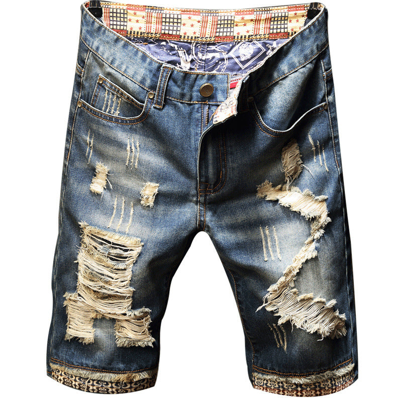 Men Fit Hole Straight Denim Jeans Shorts