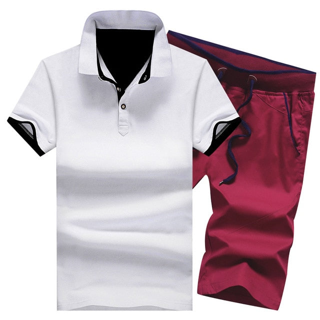 Polo Shirts Sets- 2 Piece Set Elastic Waist Shorts