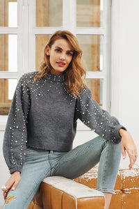 Pearl Turtleneck Lantern Sleeve Pullover Sweater
