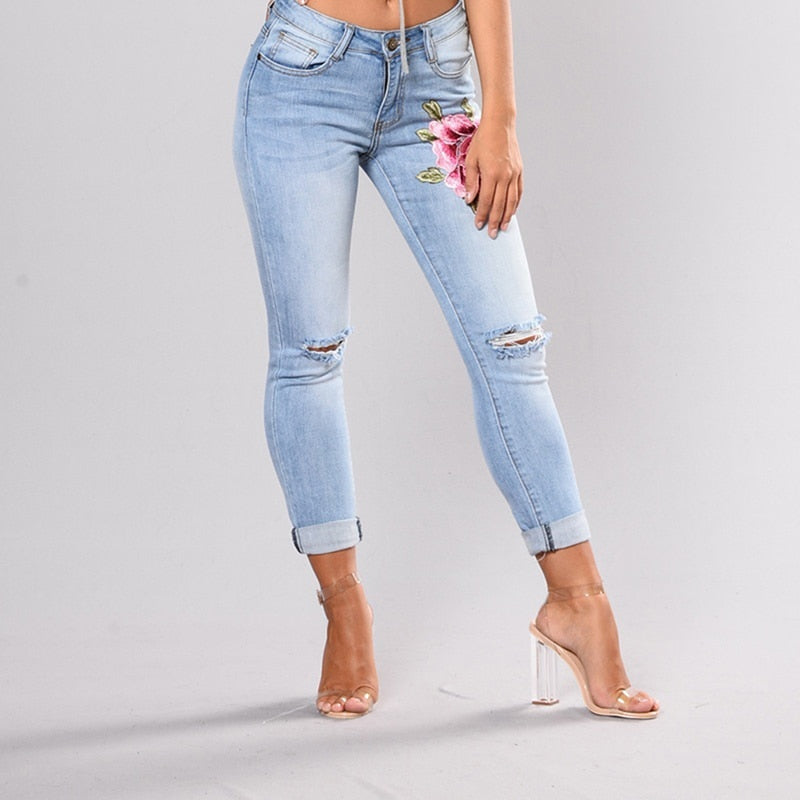 Stretch Embroidered Jeans For Women