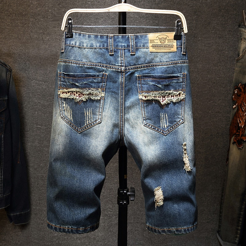 Men Fit Hole Straight Denim Jeans Shorts