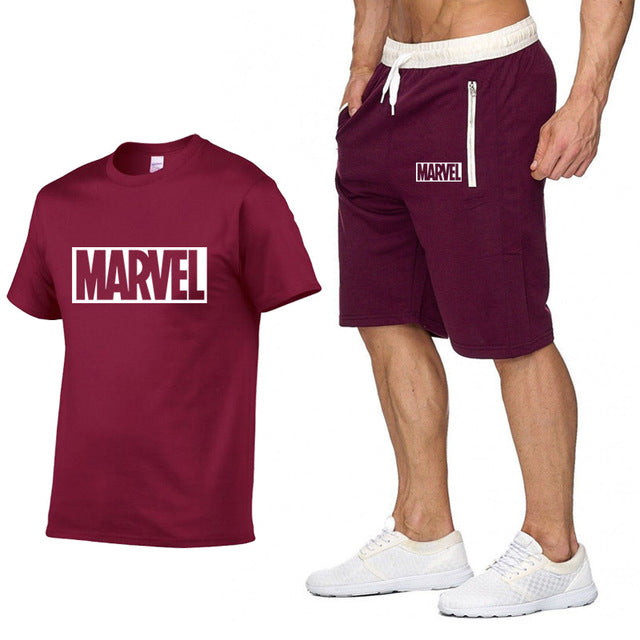 Cotton T Shirts+Shorts Men Sets-MARVEL letter printing