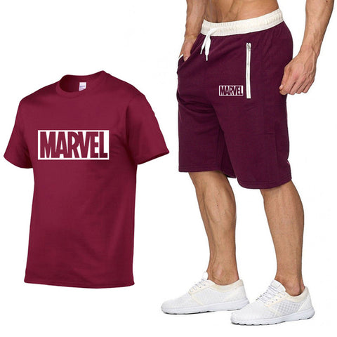 Image of Cotton T Shirts+Shorts Men Sets-MARVEL letter printing